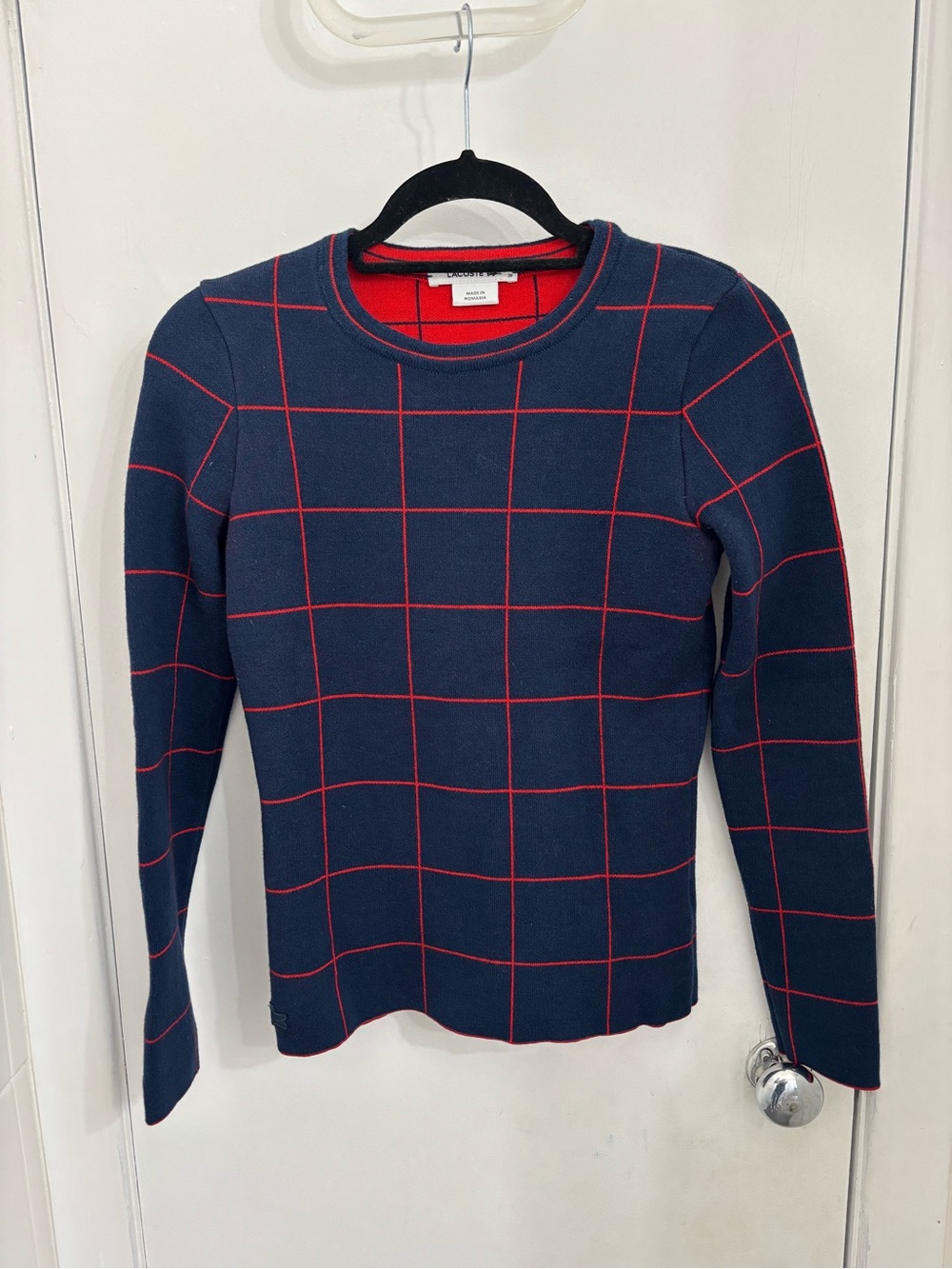 Lacoste Women’s Navy Crewneck Sweater with Red Windowpane